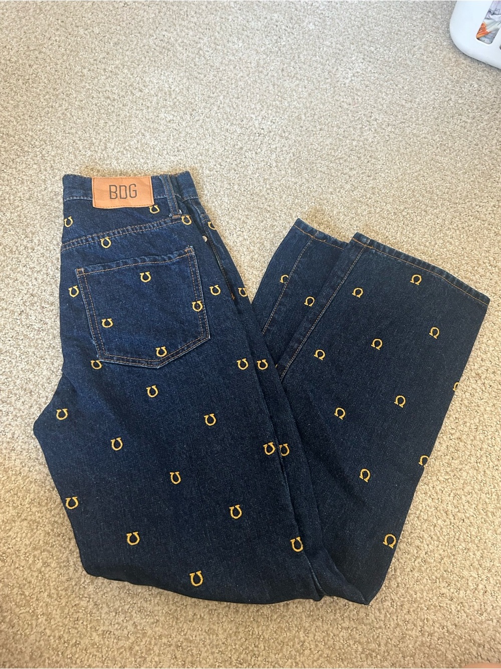 BDG Dark Blue Wide Leg Jeans with Gold Horseshoe Embroidery